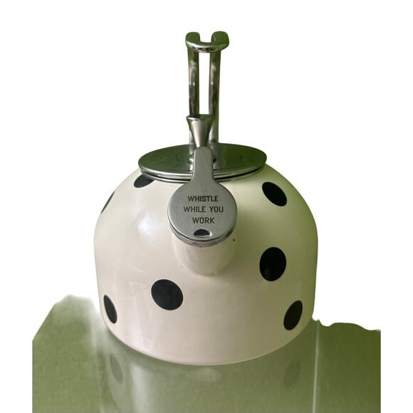 Kate Spade Lenox Tea Kettle Deco Polka Dot White Black 2.5qt Enamel Stainless - Picture 2 of 11